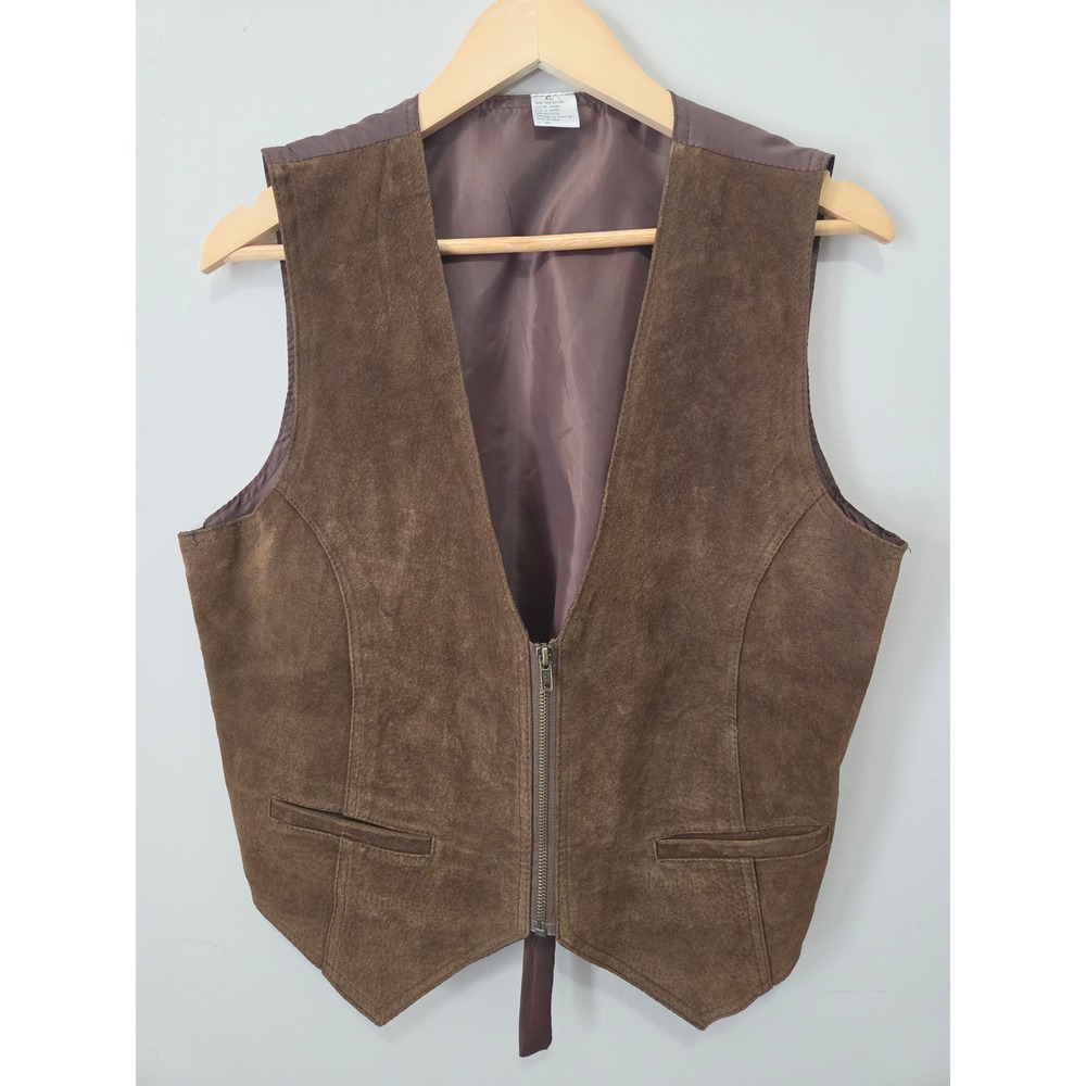 Vintage Brown Genuine Suede Leather Zip Up Vest XL Western Boho Waistcoat